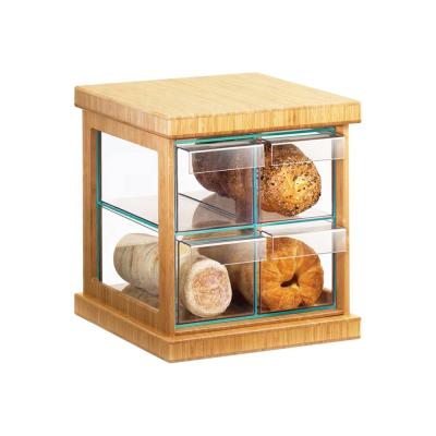 China Acrylic Bread Cake Display Box Stocked Case With Bamboo Clear Stackable Display Box For Bakery Display for sale