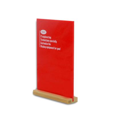 China Environmental Friendly Acrylic Tabletop Display Stand POP Sign Holder Acrylic Frame With Wood Base for sale