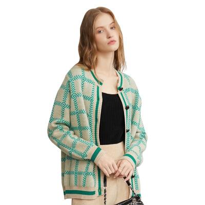 China 2023 free shipping Autumn And Winter New 100% pure cashmere Anti-wrinkle round shirt women's plaid neck top knitted cardigan long sleeve for sale