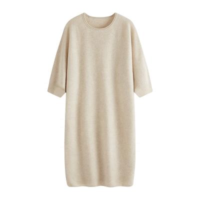 China New Custom Wholesale Cashmere 100% Solid Color Anti-Static Round Loose Sleeve Women Seven Point Neck Section Mid Length Knitted Dresses for sale