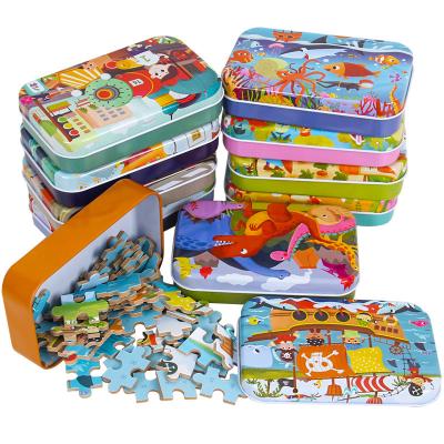 China Wholesale Cartoon Toy 60 Pieces Jigsaw Jigsaw Puzzle Cartoon Early Education Children Wooden Tin Box for sale