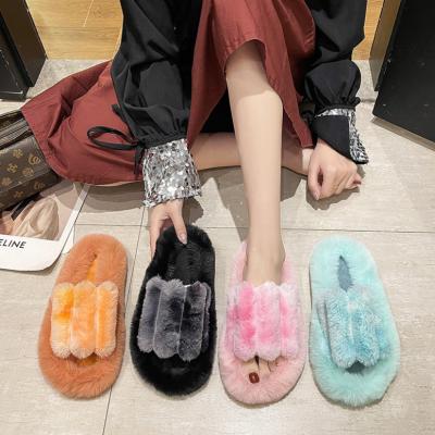 China New Gradient Color Anti-odor Platform Rabbit Fur Fluffy Slippers Winter Womens. home large size slippers for sale