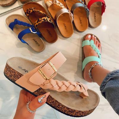 China New Style Fashion Trend Style Double Strap Buckle Leather PU Sandals Women EVA Sole Cork Flat Sandals for sale