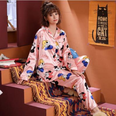 China QUICK DRY adult plus size ice silk satin cartoon two-piece women's pajamas set for sale