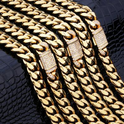 China Greaty Non-fading Iced Out Zircon 14K 18K Gold Plated Stainless Steel Miami Cuban Link Chain Necklace Set Mens Cuban Link Jewelry for sale