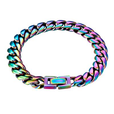 China Wholesale 10mm Rainbow 7.5inch Stainless Steel Bracelet Mens Hip Hop Jewelry Miami Cuban Link Classic Cuban Bracelet For Men for sale