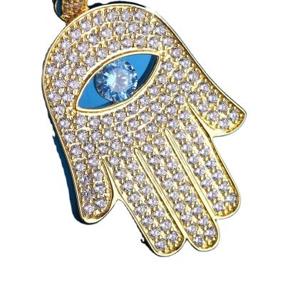 China High Quality Drop Shipping Jewelry PVD Plating Iced Out Gold CZ Diamond Hamsa Hand Pendant Necklace For Men Charm Pendants Brass Zircon for sale