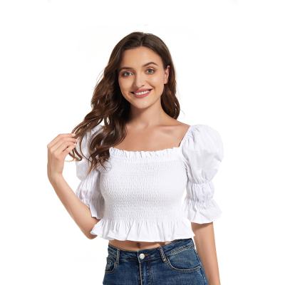 China Free Shipping Breathable Womens Summer Square Neck Short Sleeve Frill Trim Bubbled Ruched Crop Blouse Top for sale