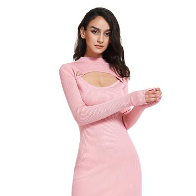 China Breathable Women Rib Knitted Long Sleeve Cut Buttons Pink Slim Fit Part Dress Streetwear for sale