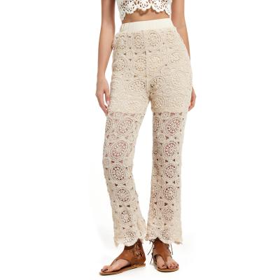 China Breathable Women Beige Crochet PANTS Lace Up Flower Hollow Out Ladies Classic Elastic Trousers for sale