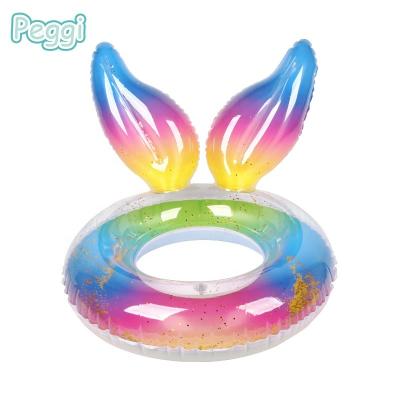 China 2022 New Design Kid's Rainbow Mermaid Tail Summer Swimming Party Inflatable Swimming Ring With Wing Glitter for sale