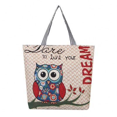 China Female Casual Reusable Folding Cartoon Owl Embroidery Canvas Handbag Women Fashion Large Capacity Shopping Bag Shoulder Bags for sale