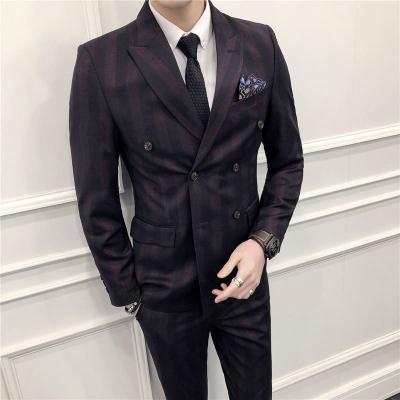 China Anti-Wrinkle Slim Fit Mens Suits 3PCS Thick Striped Business Groomsman Blazer Suit Set For Men for sale