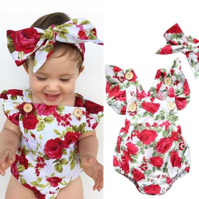 China Polyester/cotton spz newborn outfits sets hot sale 2pcs Romper+Headband cute floral summer babies clothes jumpsuit for sale