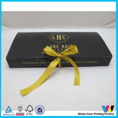 China Black Hair Extension Packaging Boxes With Yellow Ribbon 350grams Art Paper for sale