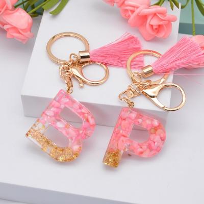 China Key Chain 26 Crystal Drop Glue Letter Pendant English Bogemia Rose Tassel Key Chain Style Resin Jewelry Handmade Key Chain for sale