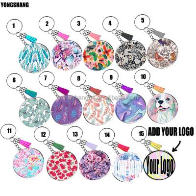 China Latest New Round Clear Eco-friendly Material DIY Key Chain DIY Acrylic Sticker Carving Logo Custom Floral Pattern Printing Multicolor Key Ring With Tassels for sale