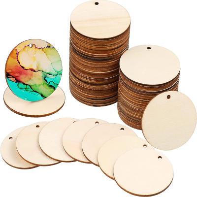 China Europe 100 Pieces Unfinished Round Wooden Circles With Holes Log Discs For Crafts Blank Natural Wooden Circle Cutouts For DIY for sale