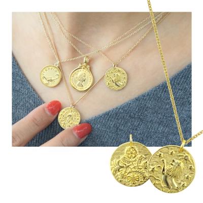 China CLASSIC Pendant Fantasy Leo Leo Pendants Necklace of the Zodiac S925 Sterling Silver Fashion Baroque 18k Gold Coin Emboss for sale