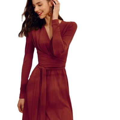 China TO282 Women's Elegant Long Sleeve V-Neckline Knitted Slim Knee-Length Long Sleeve Sustainable A Line Rib Knitted Dress for sale