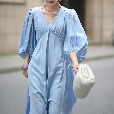 China Breathable B39 Women Spring Summer V Neck Lantern Sleeve Dress Vintage Clothes for sale