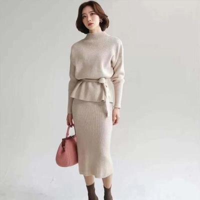 China 5066 Viable Autumn Winter Elegant Turtleneck Pullover Belted Pencil Skirt Women Knit Two Piece Set 2022 for sale