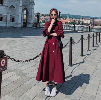 China Custom Plus Size Wine Red Women Loose Trench Coats Vintage Ladies Anorak Along With Belt for sale