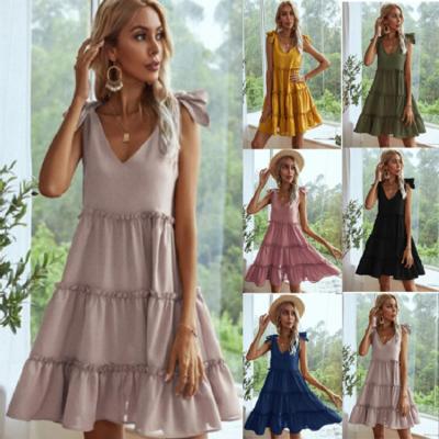 China Summer Elegant Women's Bow Tie Suspender Dress Breathable A-Line Skirts For Women V-Neck Beach Casual Dresses for sale