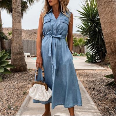 China 2022 Breathable Sleeveless Summer Denim Dress Women Turn Down Collar Single Breasted Bow Waist Long Shirt Dress Casual Loose Jeans Dress for sale