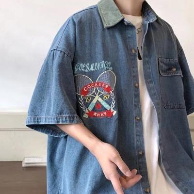 China Retro tennis racket 100% cotton washed denim shirt men's and women's tide men's and women's loose casual fashion embroidered lapel wild short-sleeved top for sale