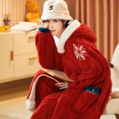 China QUICK DRY coral fleece pajamas for women autumn and winter with fleece thickened Christmas red long house dress for sale