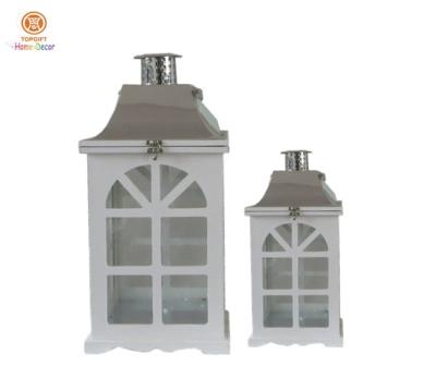 China Contemporary white Wood Candle Lantern for garden / Home Decor for sale