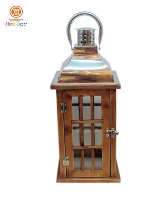 China Antique Stainless steel top Decorative Lighting Metal and Wooden Outdoor Candle Lantern for sale