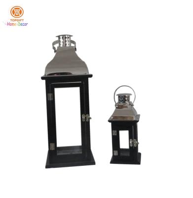 China Contemporary Black Bruch Stainless steel Top wood and metal candle lanterns for sale