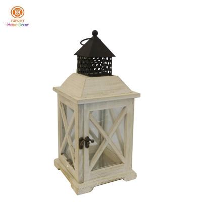 China White Washed  Metal Black Top Panes Glass Wood Candle Lantern For Home decor for sale