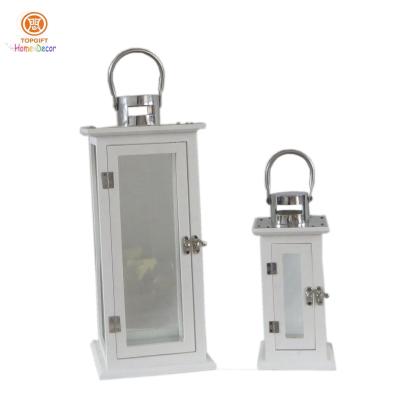 China Moroccan White Glass Stainless steel Wood Candle Lantern conternporary Type for sale