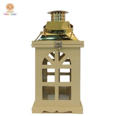 China House Panes Living room decorative Wood Candle Lantern with Stainless steel top for sale