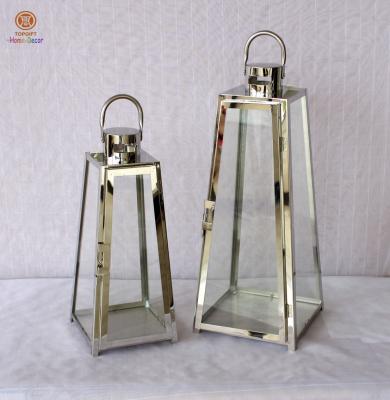 China Three set Pyramid shape stainless steel Candle Lanterns support Copper / Gold color for sale