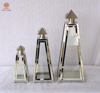 China Pyramid shape  Large Garden Stainless Steel Lanterns with clear glass for sale