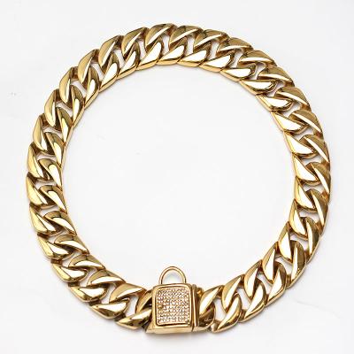 China HOYO Customized Wholesale Luxury Gold Plated White Cuban Link Chain Cubic Zirconia Lock Stainless Steel Dog Collar for sale