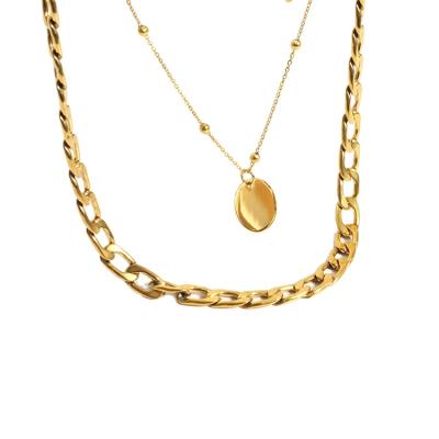 China Classic Trendy Stainless Steel Gold Plated Round Pendant Layered Necklace for sale