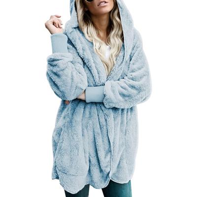 China 2023 Winter Women's Anti-Wrinkle Long Sleeve Cardigans Fuzzy Fleece Open Front Hooded Solid Jacket Coats Pocket Outerwear for sale