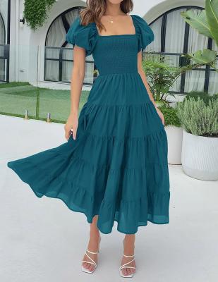 China 2023 Summer Women's Smocked Flowy A Line Tiered Casual Sleeve Puff Neck Breathable Short Sleeve High Solid Color Midi Dress for sale