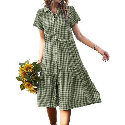 China Breathable Women Dress Shirt Plaid Midi Dress A Line Lapel Gingham Shorts Sleeve Shirt Button Down Halter for sale