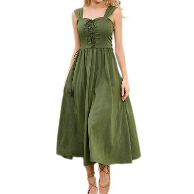 China Breathable Women Summer Vintage Sweetheart Sleeveless Lace Up Midi Flared Dress for sale