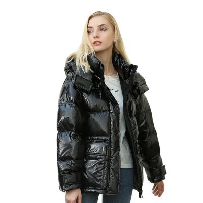 China Custom Made Shiny Short Jacket Coat Winter Waterproof Women's Hooded Zippers Down Coats For Women for sale