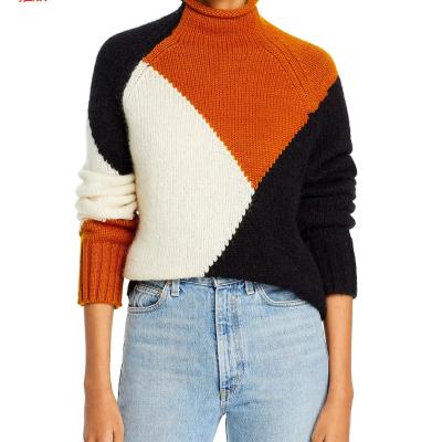 China Anti-Wrinkle Customized Women Turtle Neck Sweater Raglan Sleeve Color Block Sweater Winter Knitted Pullover Sweater for sale