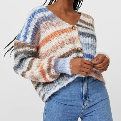 China Anti-wrinkle factory direct v-neck cardigan custom women fashion loose shoulder knitwear stripe sweater with button for sale