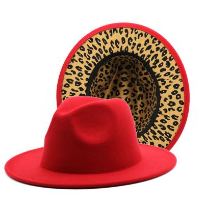 China Fashion\Comfortable\durable leopard printing fabric high quality wholesale thick wool felt fedora hat 2 tone wide brim felt hats for sale