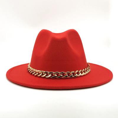 China Fashion\Wholesale High Quality Comfortable\Durable Hip Hop Fabric Thick Wool Felt Fedora Hat 2 Tone Wide Brim Felted Hats Chain Witn Decoration for sale